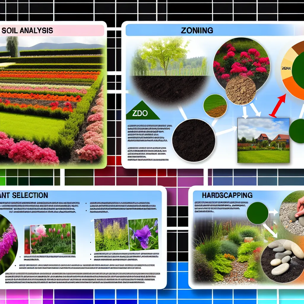 Ładny ogród przydomowy z zadbanym trawnikiem i rabatami kwiatowymi w pełnym słońcu