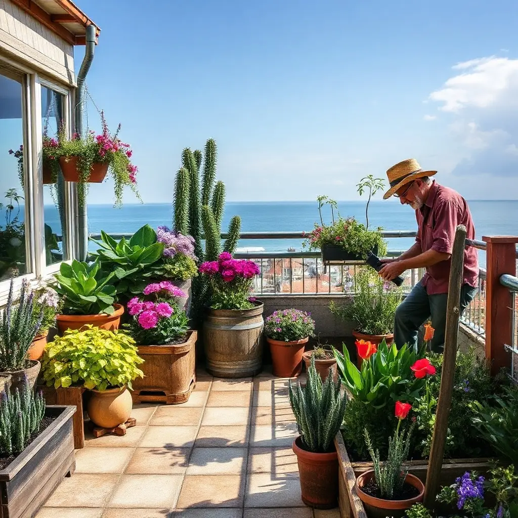 Balkon w Sopocie z pelargoniami i lawendą odporną na wiatr bałtycki