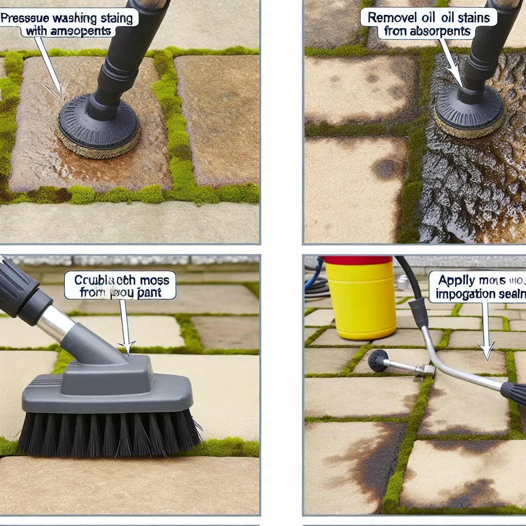 Usuwanie plam oleju z kostki brukowej przy użyciu szczotki i detergentu