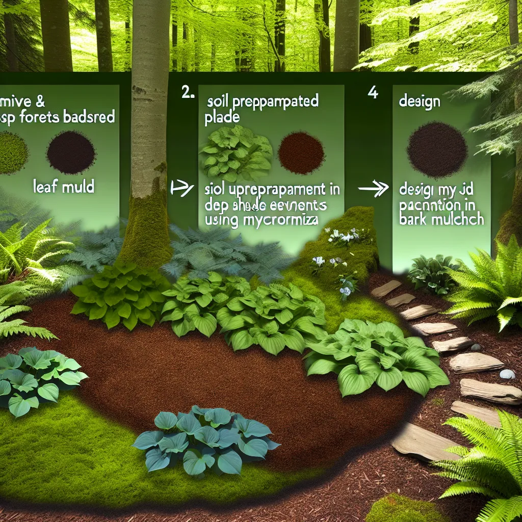 Bujny leśny zakątek w ogrodzie z paprociami i bylinami cieniolubnymi
