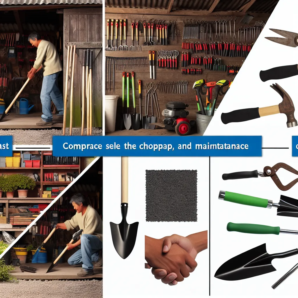 Dobrze zorganizowany sklep z narzędziami ogrodniczymi z szerokim asortymentem szpadli i sekatorów