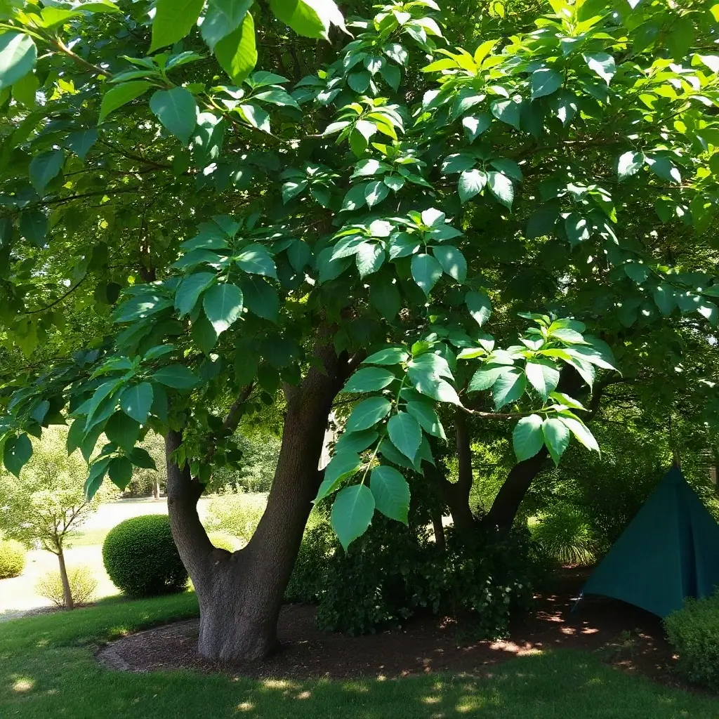 Drzewa szybko rosnące dające cień w polskim ogrodzie – paulownia nad ławką ogrodową