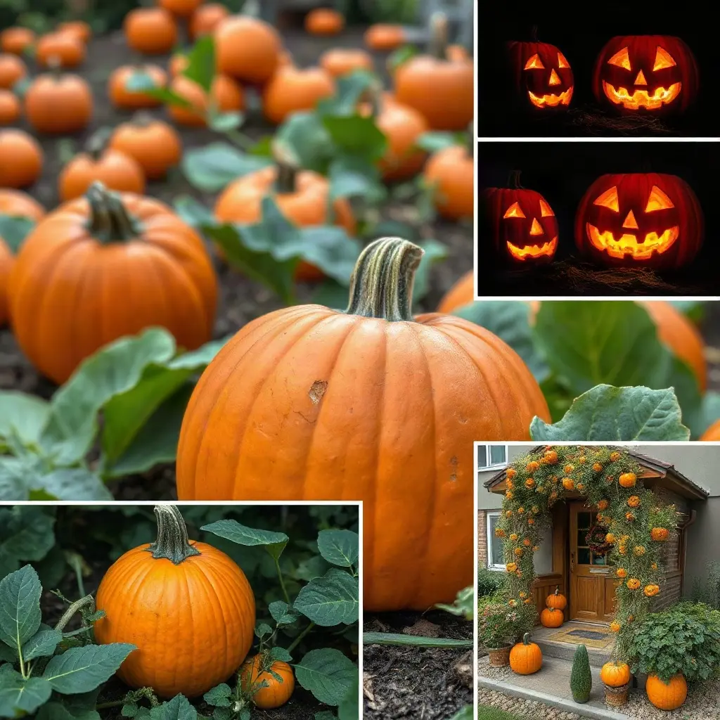 Dynie na halloween rosnące w polskim ogrodzie warzywnym jesienią