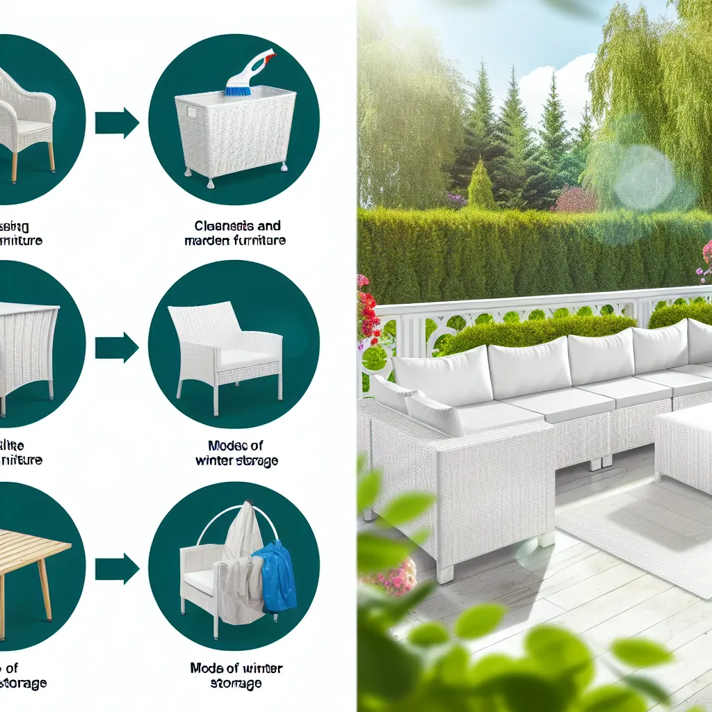 Elegancki taras z białymi meblami ogrodowymi z technorattanu otoczony roślinnością