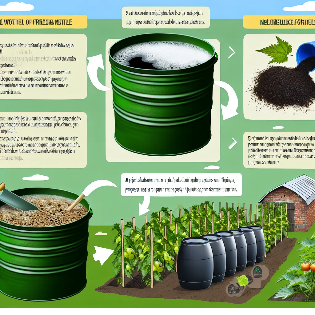 Proces fermentacji gnojówki z pokrzywy w plastikowej beczce z widoczną pianą