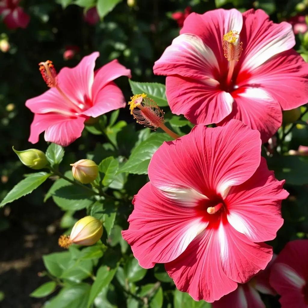 Hibiskus ogrodowy w pełnym rozkwicie w polskim ogrodzie – krzewy pokryte różowymi i fioletowymi kwiatami