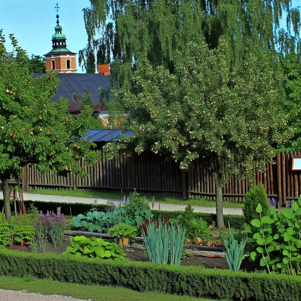 Historyczne ogrody królewskie w Łobzowie z widocznymi tradycyjnymi uprawami warzyw i kwiatów