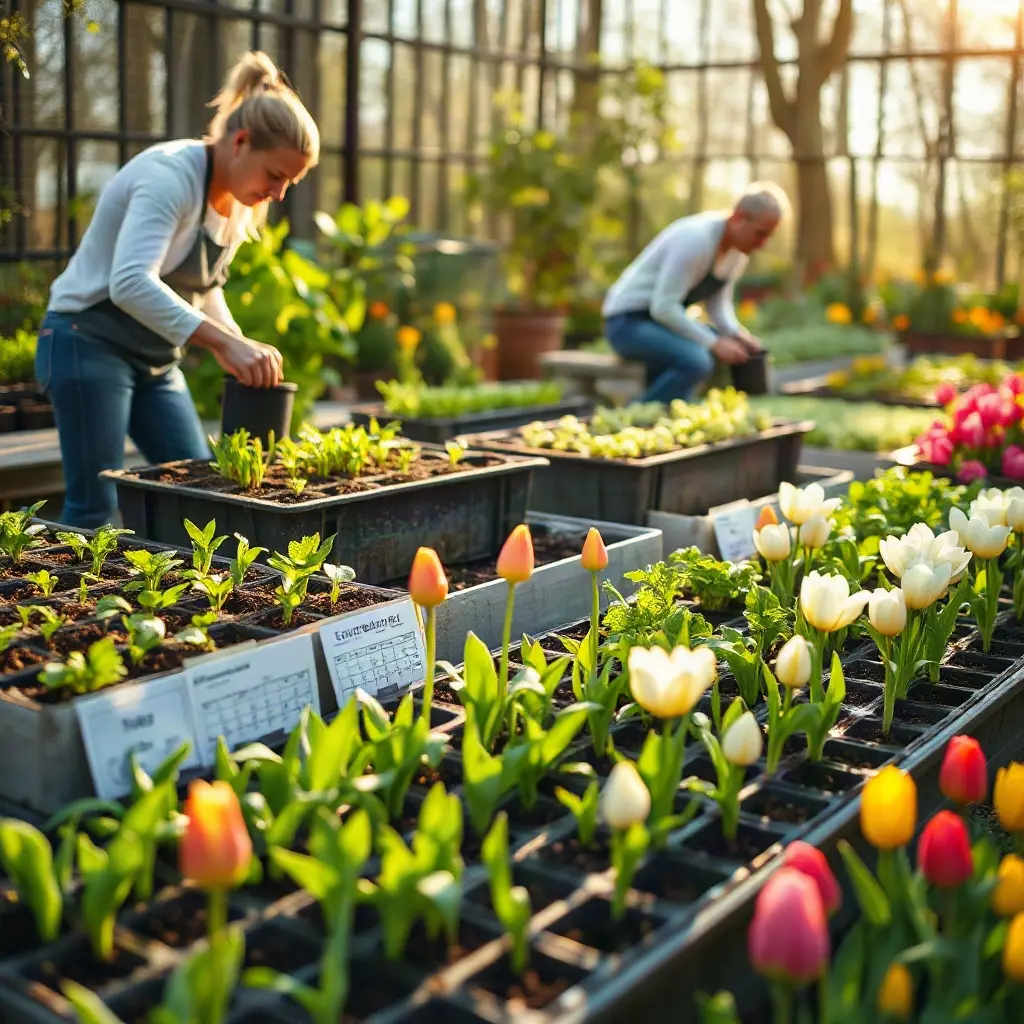 Kalendarz biodynamiczny kwiecień 2026 – wiosenny ogród z rozsadami i kołem księżycowym