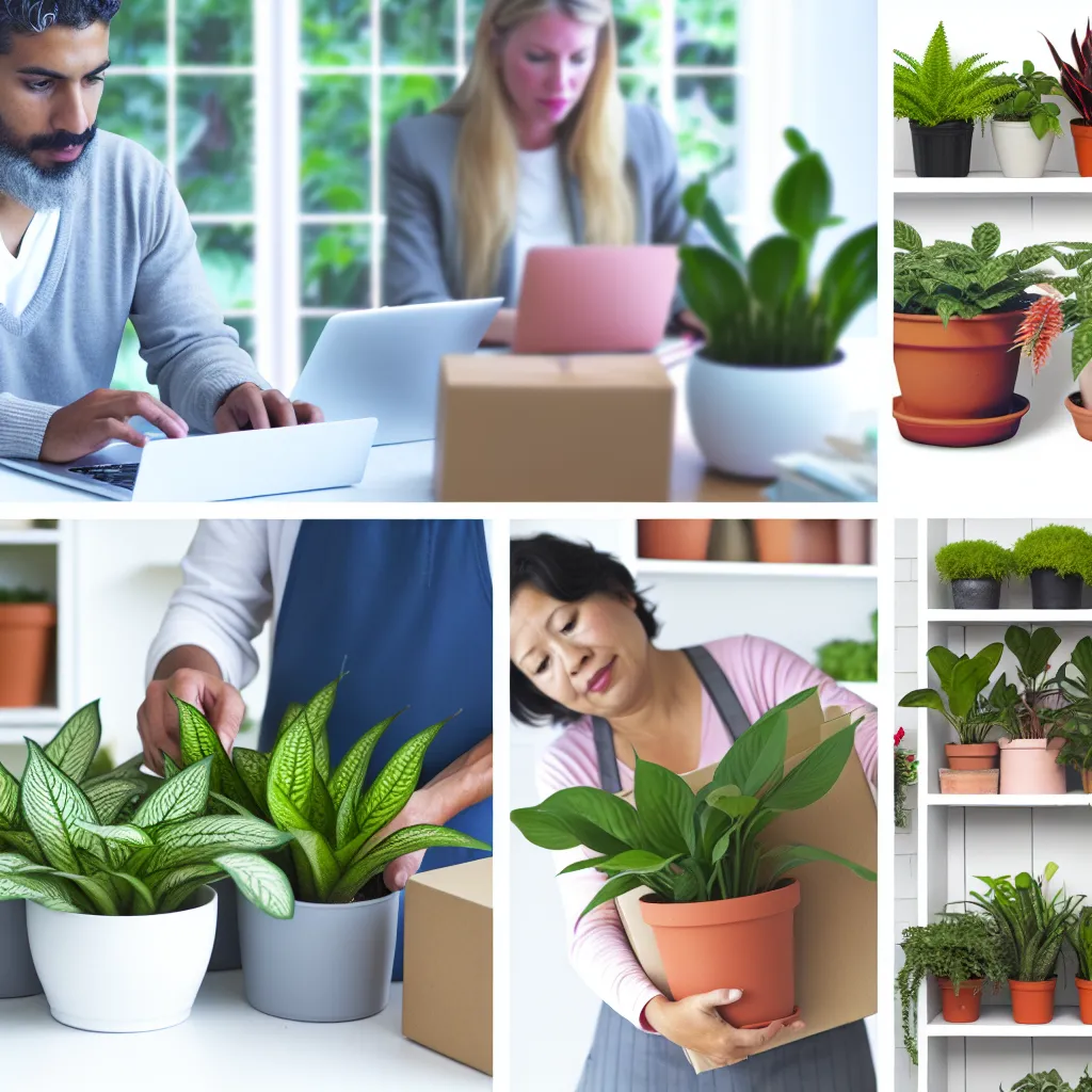 Kobieta przeglądająca oferty olx rośliny doniczkowe na smartfonie, w otoczeniu zieleni domowej.