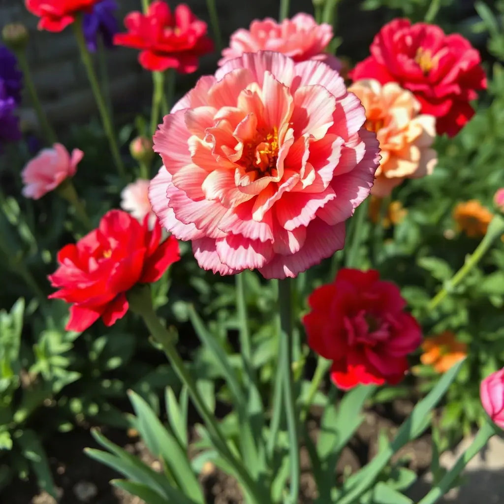 Kolorowe goździki kwiaty w ogrodzie – czerwone, różowe i białe odmiany Dianthus w pełnym rozkwicie