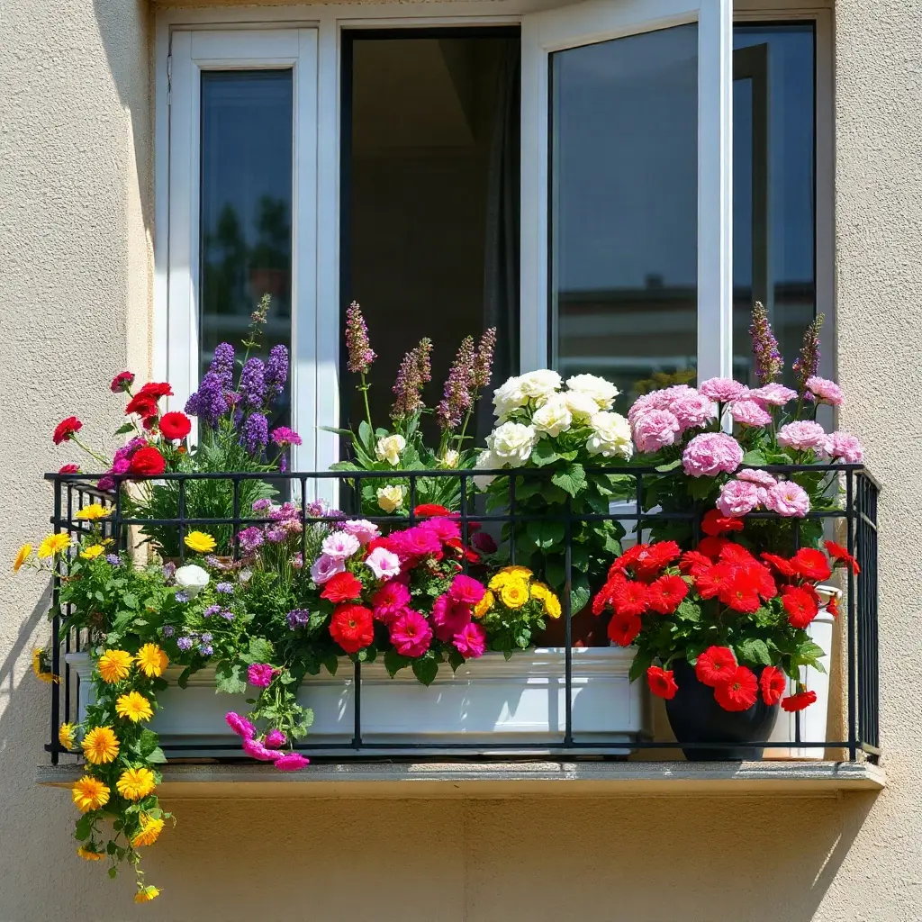 Kolorowy balkon z pelargoniami i surfinią w skrzynkach balkonowych