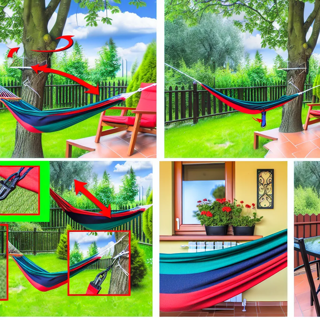 Kolorowy hamak jednoosobowy zawieszony między drzewami w słonecznym polskim ogrodzie