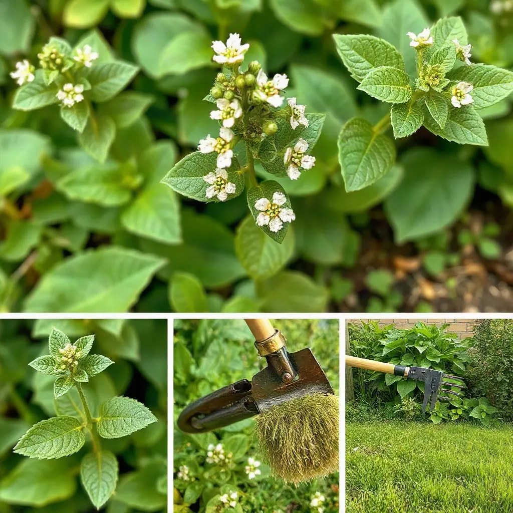 Komosa biała (Chenopodium album) rosnąca w ogrodzie – charakterystyczne liście z białym nalotem