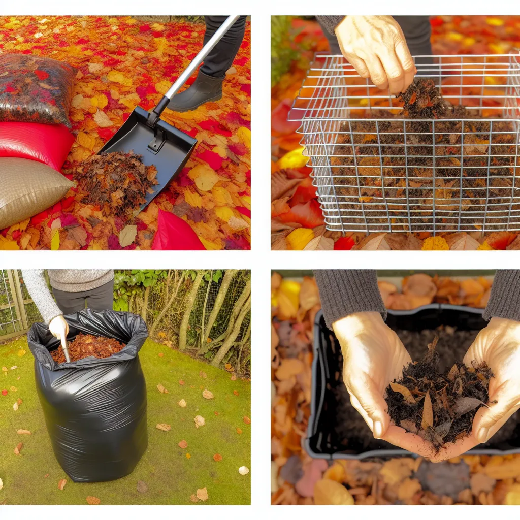 Kompostownik z siatki wypełniony kolorowymi jesiennymi liśćmi w ogrodzie