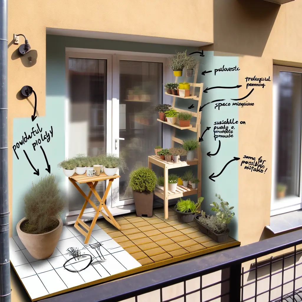 Koncepcja aranżacji małego balkonu w bloku z jasnymi kolorami i funkcjonalnymi meblami