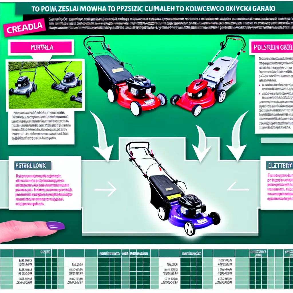 Nowoczesna kosiarka akumulatorowa z widoczną baterią na zadbanym trawniku