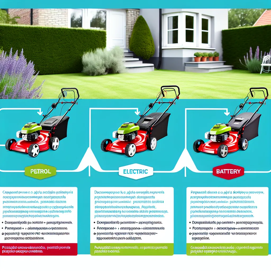 Porównanie kosiarek: spalinowa, elektryczna i akumulatorowa na tle ogrodu