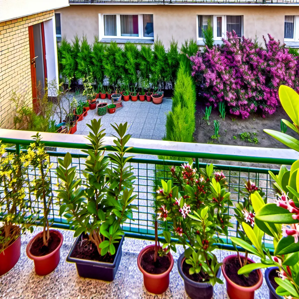 Kwitnący mirt zwyczajny (merta kwiat) w doniczce na słonecznym balkonie