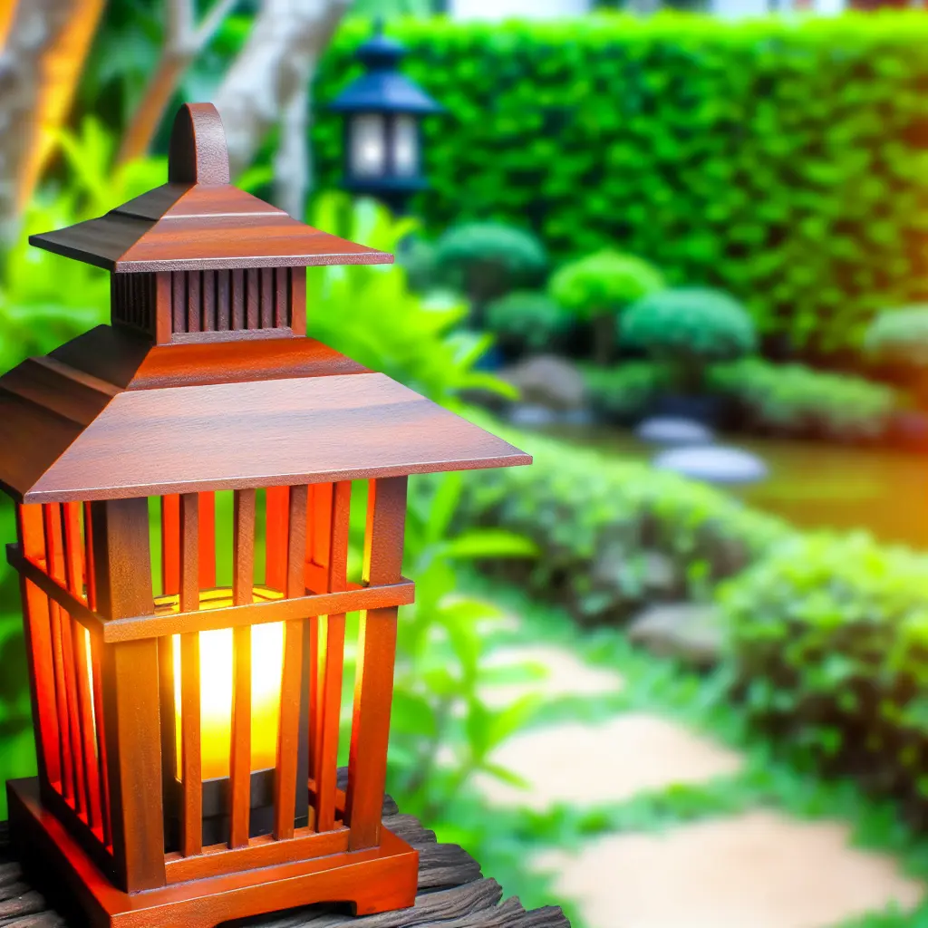 Magiczny ogród o zmierzchu z rozświetlonymi drewnianymi lampionami