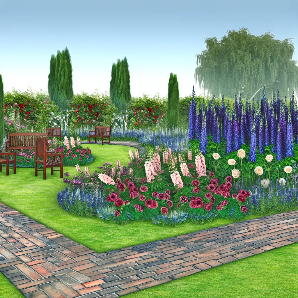 Malowniczy angielski ogród z krętą ścieżką z cegły i bujnymi rabatami kwiatowymi