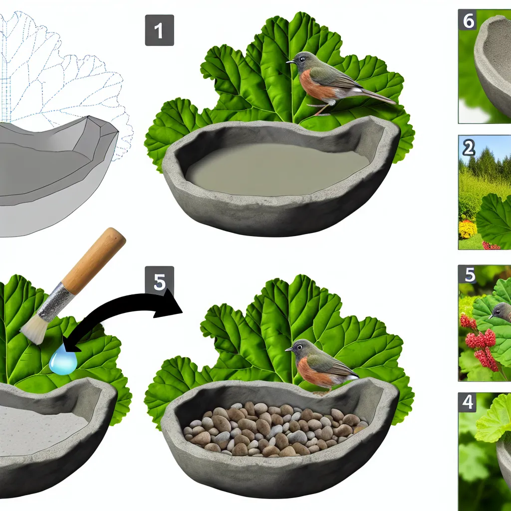 Materiały potrzebne do wykonania poidła z betonu: cement, piasek, liść rabarbaru