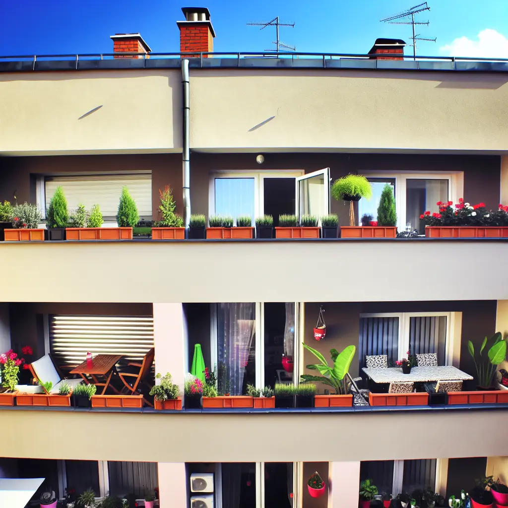 Mały balkon w bloku z rozkładanymi meblami i zielonymi roślinami, przykład oszczędności miejsca.