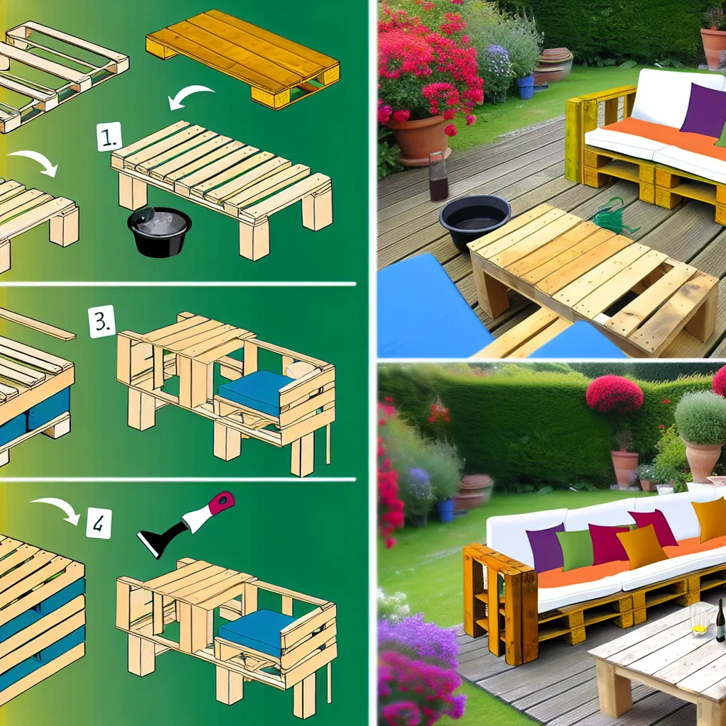 Gotowy narożnik z palet na tarasie w stylu boho z oświetleniem i roślinami