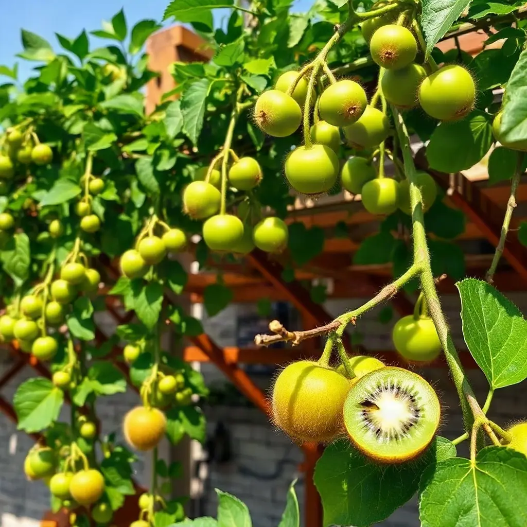 Mini kiwi aktinidia ostrolistna rosnąca na pergoli w polskim ogrodzie