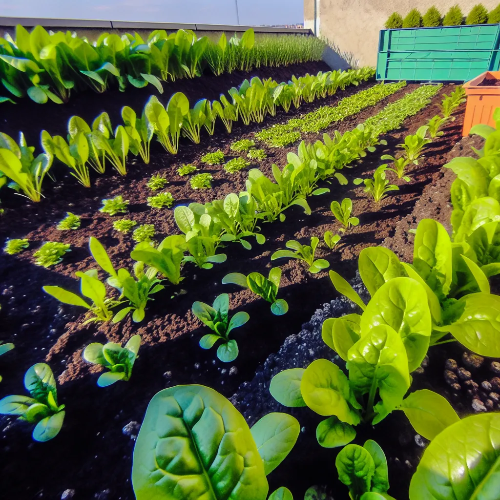 Młode siewki szpinaku wschodzące na przygotowanej grządce wczesną wiosną