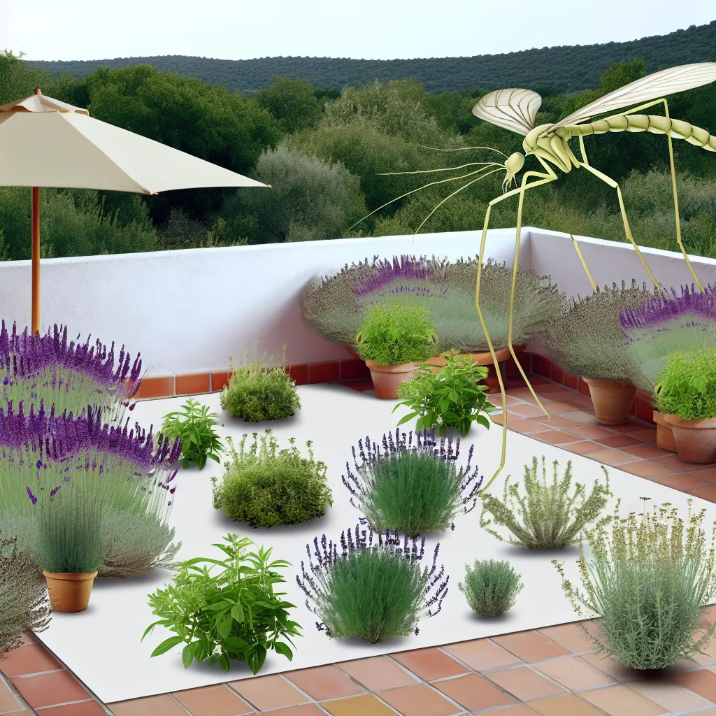 Przytulny taras z donicami pełnymi lawendy i komarzycy o zachodzie słońca