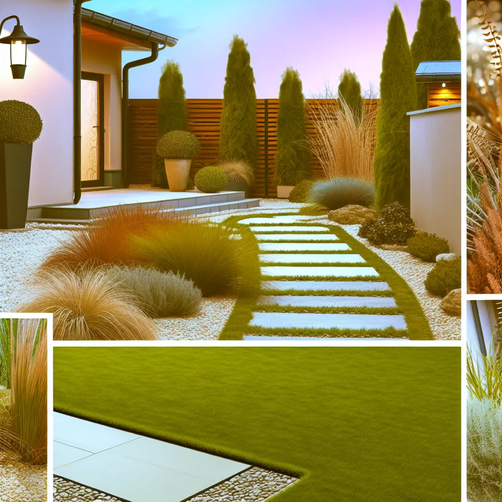 Nowoczesna aranżacja ogrodu przed domem z geometryczną ścieżką i oświetleniem