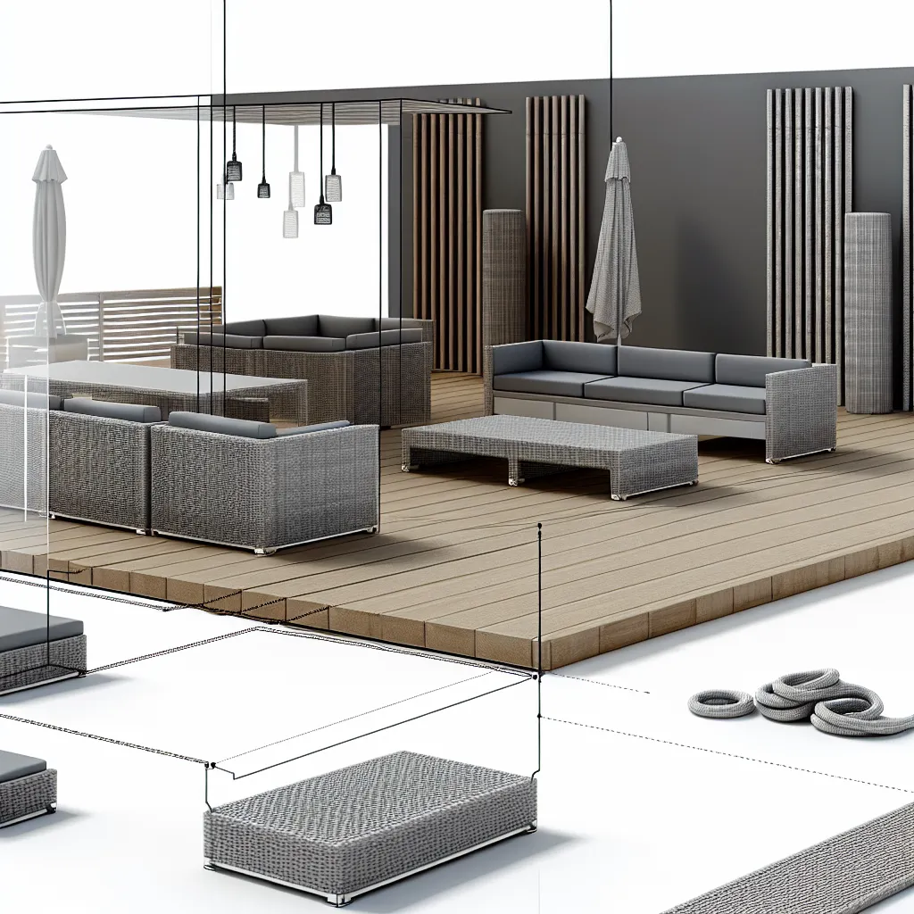 Nowoczesne meble ogrodowe aluminiowe na tarasie o zachodzie słońca