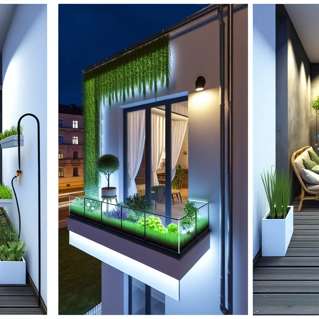 Nowoczesny balkon z minimalistycznymi meblami i zielonymi roślinami w miejskim otoczeniu