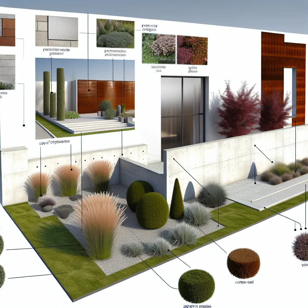 Nowoczesny ogród minimalistyczny z betonem architektonicznym i trawami ozdobnymi