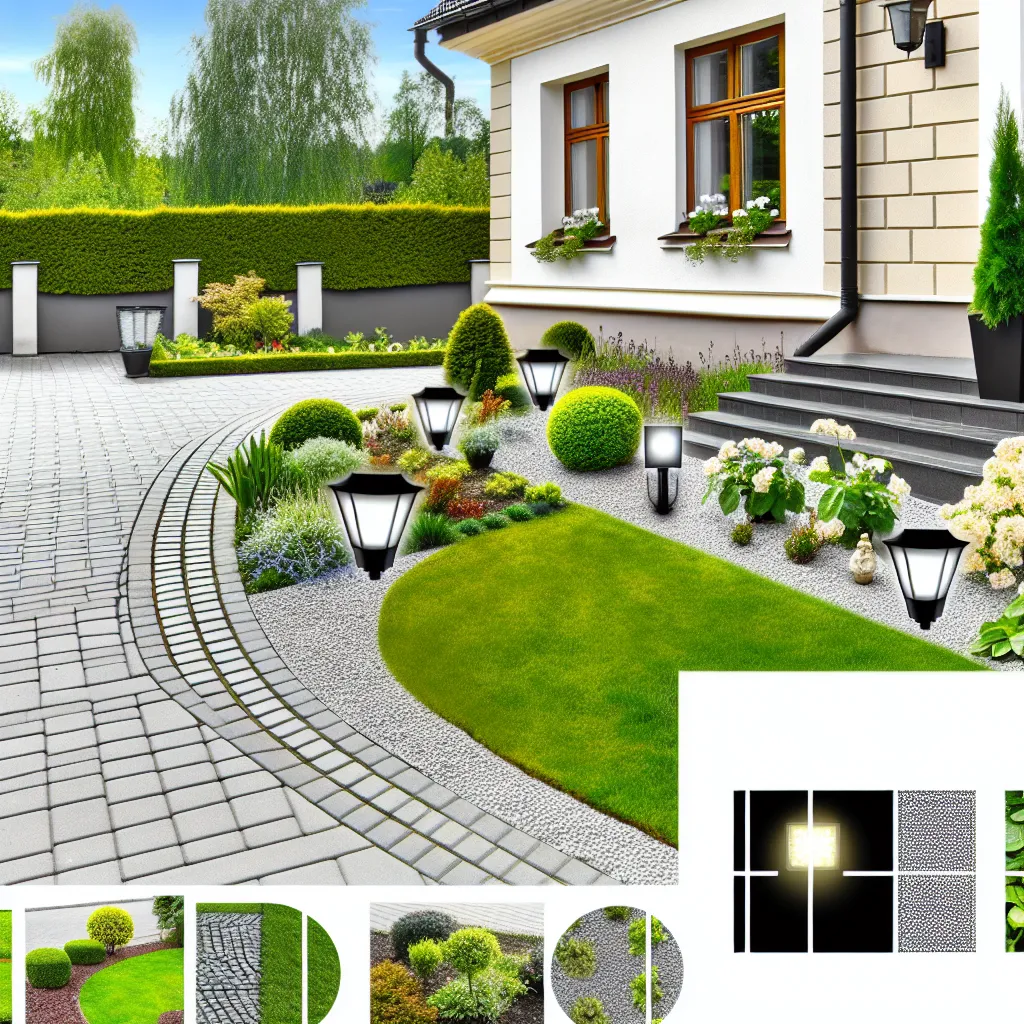 Nowoczesny ogród przed domem z dużymi płytami betonowymi i ozdobnymi trawami