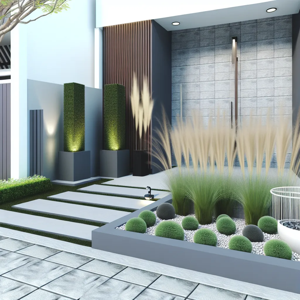 Nowoczesny ogród przed domem z płytami betonowymi i oświetleniem LED