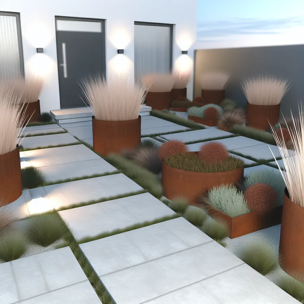 Nowoczesny ogród przed domem z płytami betonowymi i trawami ozdobnymi