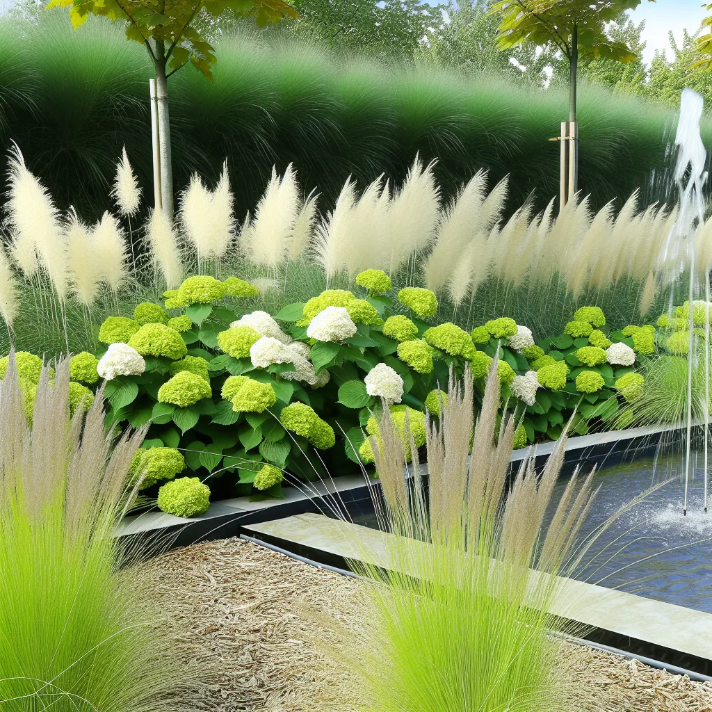 Nowoczesny ogród z hortensjami bukietowymi i wysokimi trawami ozdobnymi latem