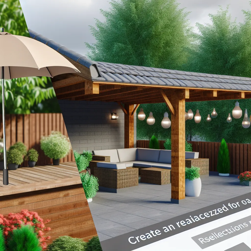 Nowoczesny ogród z tarasem, aranżacja z betonowymi płytami i pergolą