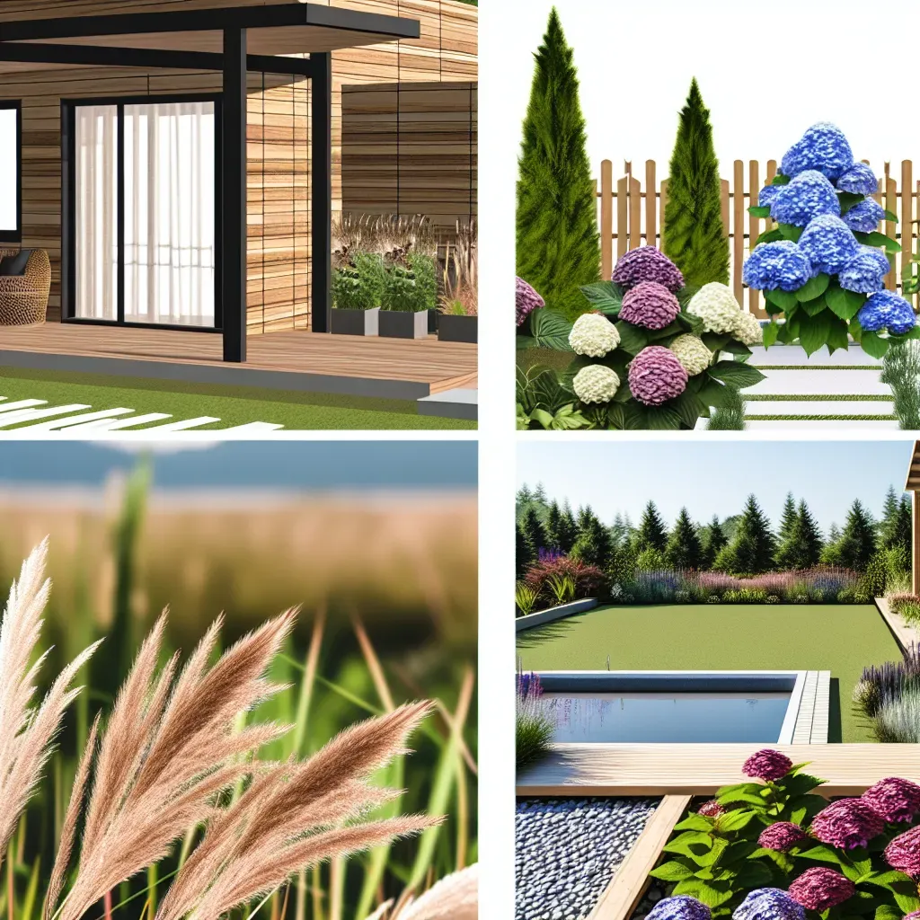 Nowoczesny projekt euro ogrodu z trawnikiem i betonowymi płytami