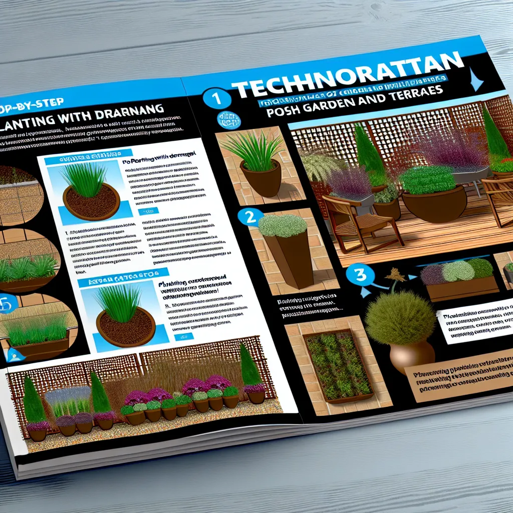 Nowoczesny taras z dużymi donicami z technorattanu i trawami ozdobnymi