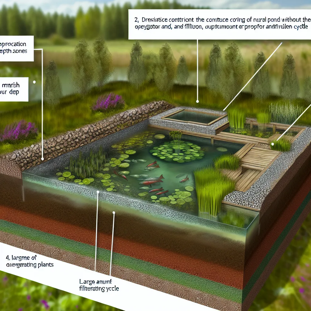 Przekrój oczka wodnego pokazujący strefy głębokości i rośliny filtrujące