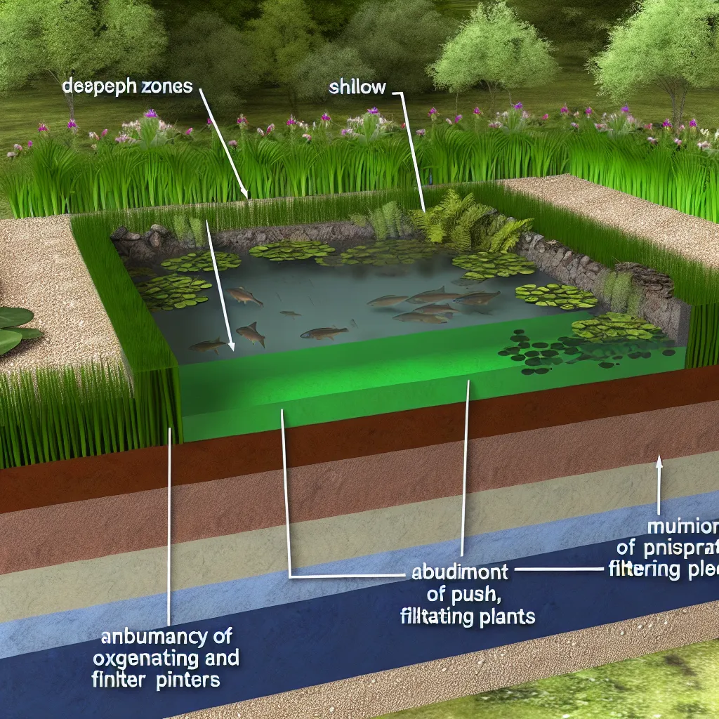 Czysta woda w naturalnym oczku z roślinami natleniającymi i liliami wodnymi