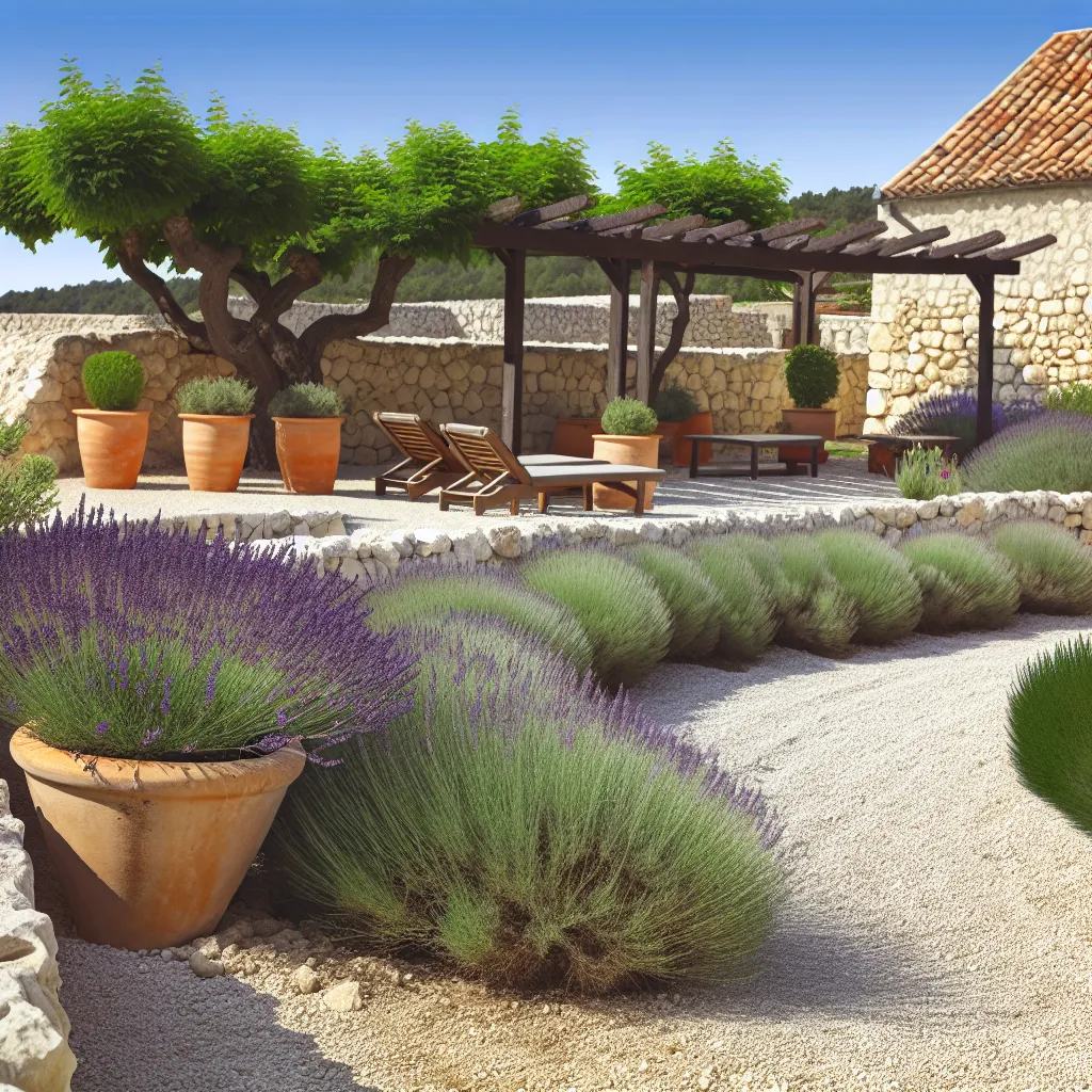 Ogród śródziemnomorski w Polsce z lawendą i ścieżką z piaskowca