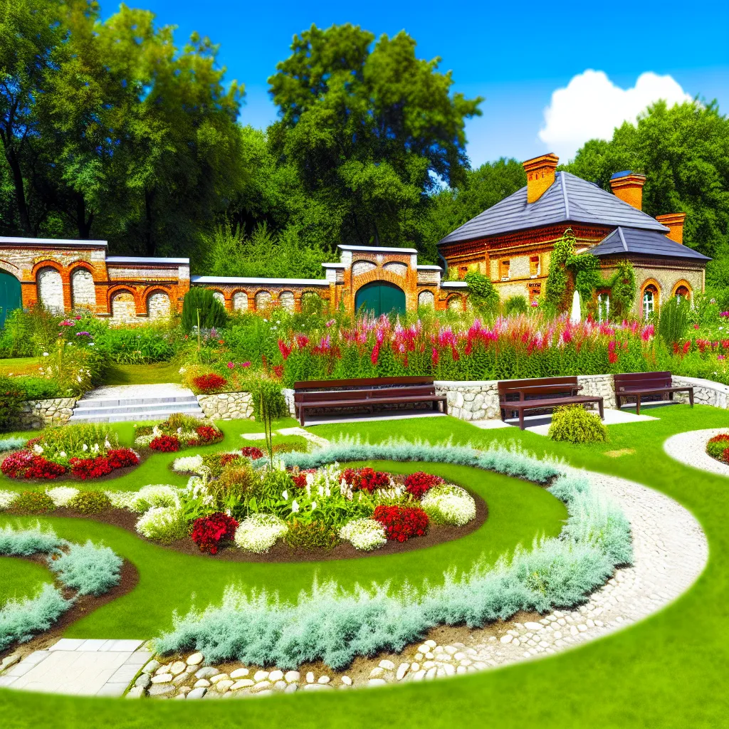 Ogród w stylu angielskim z krętą ścieżką i bujnymi rabatami kwiatowymi