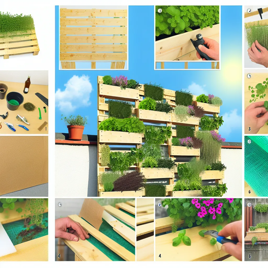 Piękny ogród wertykalny z palety na słonecznym balkonie pełen ziół i kwiatów