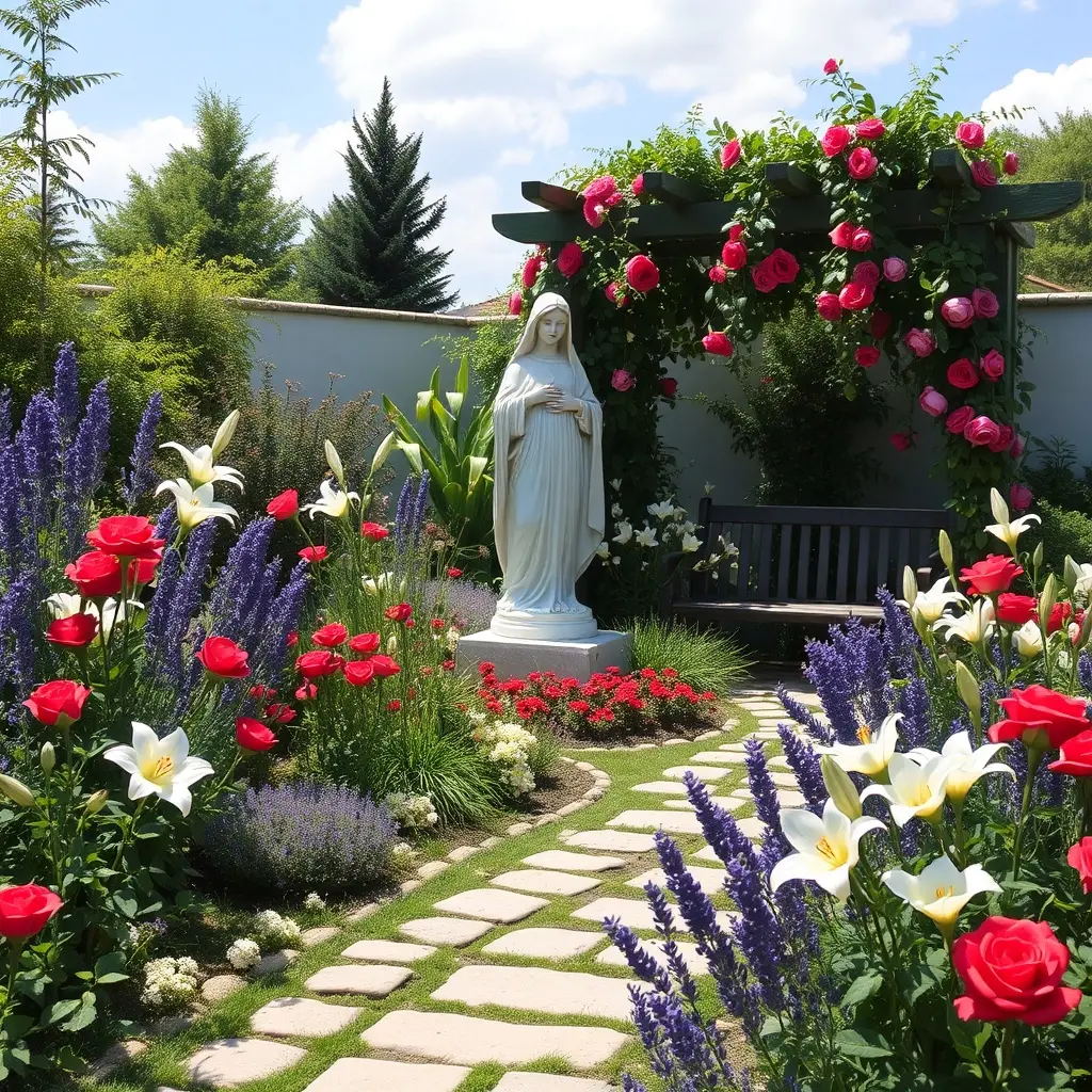 Ogród maryjny inspirowany litanią loretańską z figurą Matki Bożej otoczoną liliami i różami