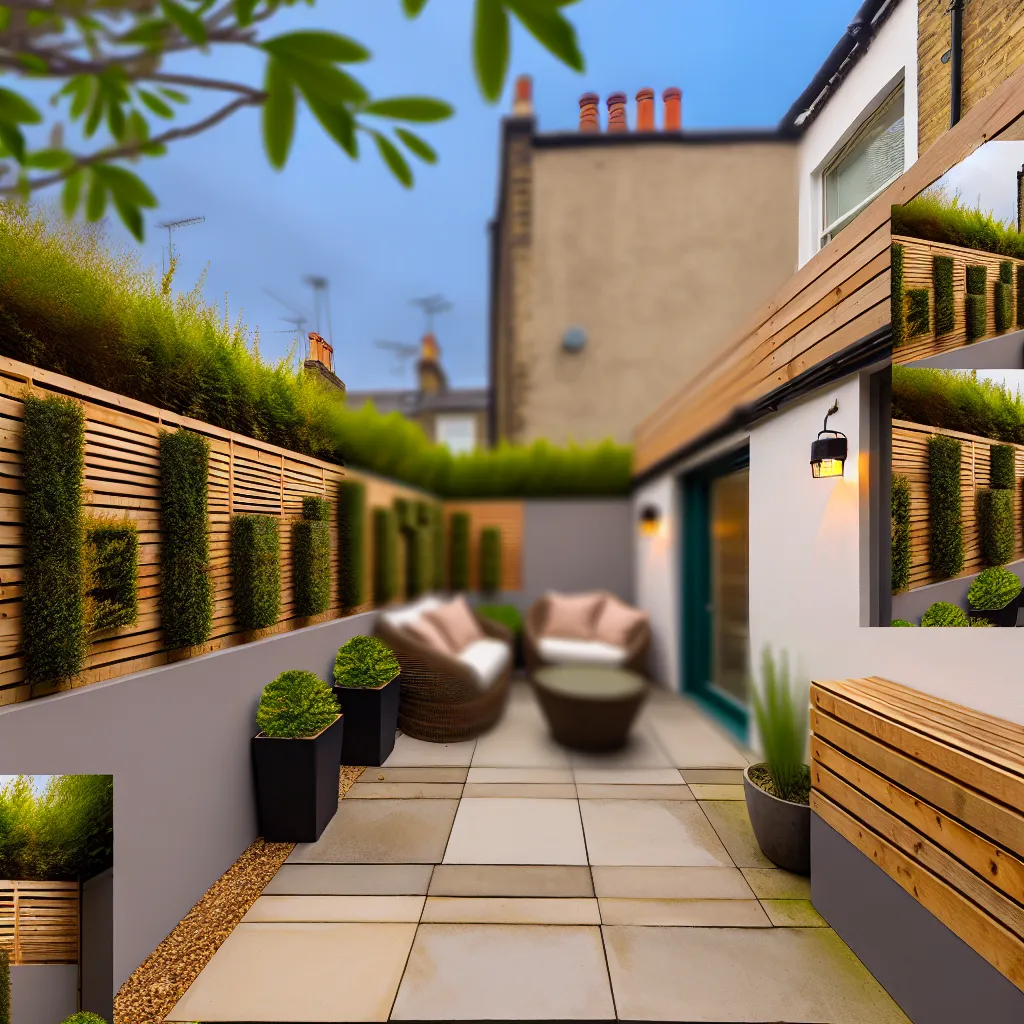 Optyczne powiększenie wąskiego ogrodu przy szeregowcu za pomocą ukośnych linii i podwyższonych rabat