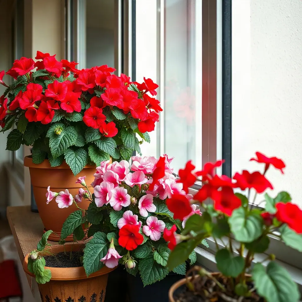 Pelargonie balkonowe w pełni kwitnienia latem – czerwone i różowe kwiaty w skrzynkach balkonowych