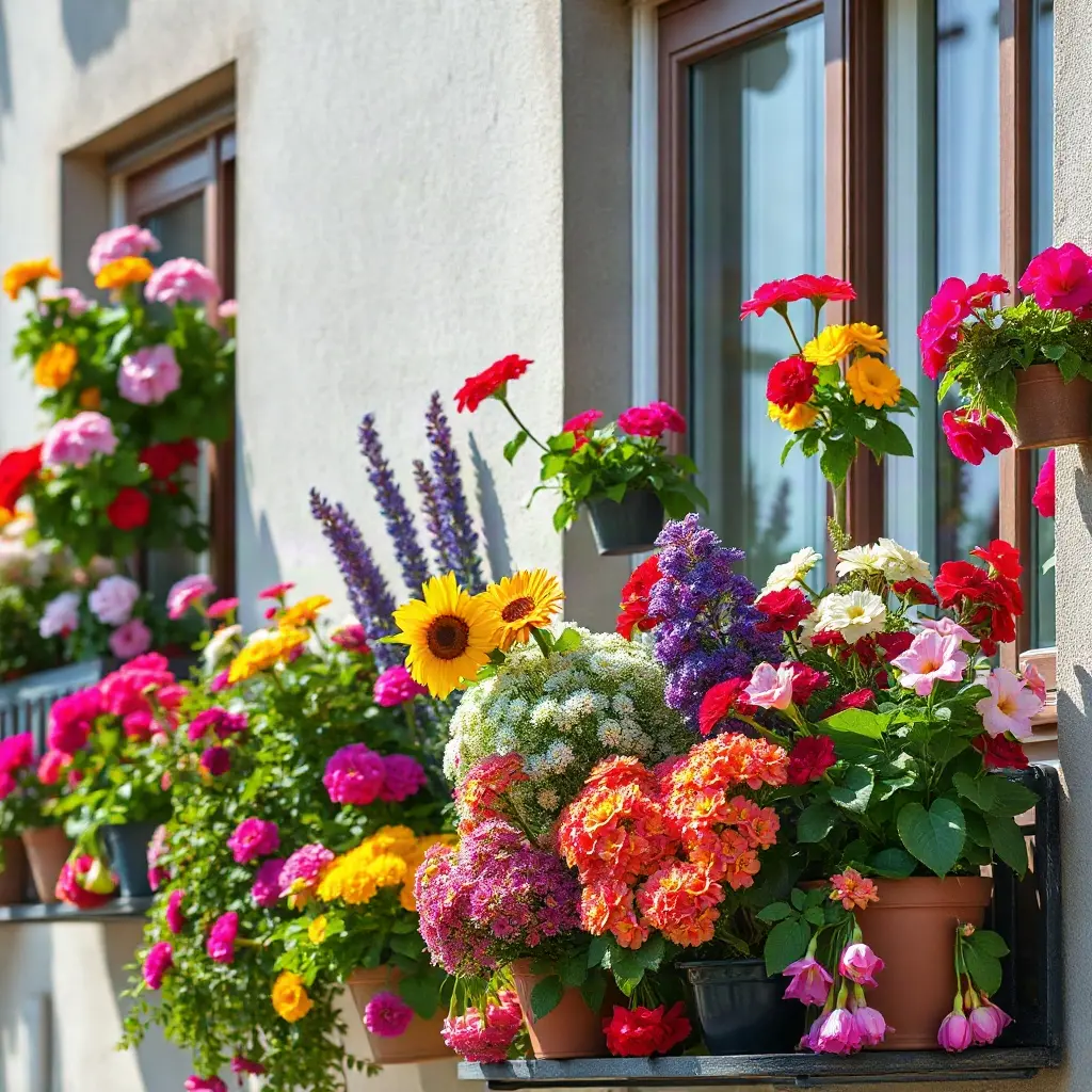 Pięknie urządzony balkon miejski z kolorowymi kwiatami na balkon – pelargoniami i surfiniami w skrzynkach